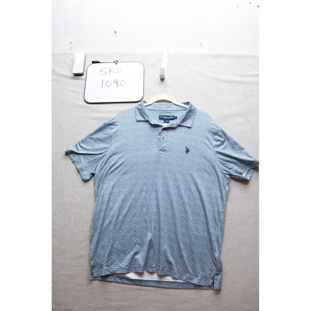 US Polo Assn Polo Shirt Mens Large Blue Geometric Print 11E1911E Performance